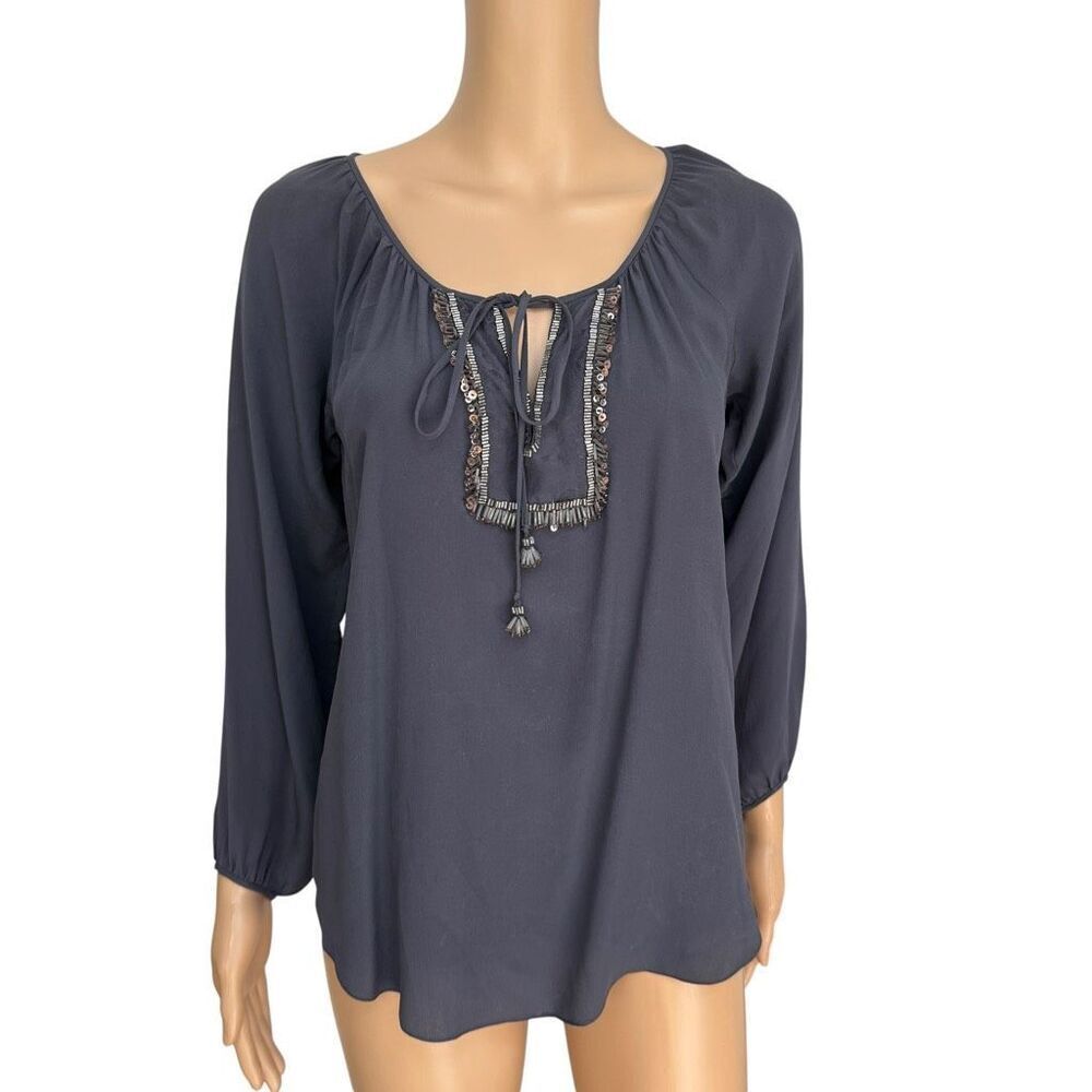 Rebecca Taylor 100% Silk Beaded Tie Neck Peasant Blouse Gray Size 0